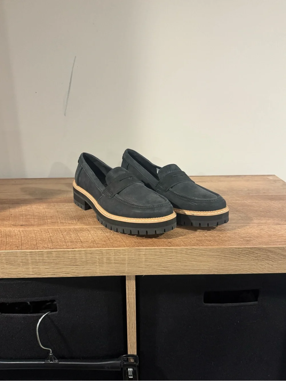 Toms Black Suede Lug Sole Penny Loafers